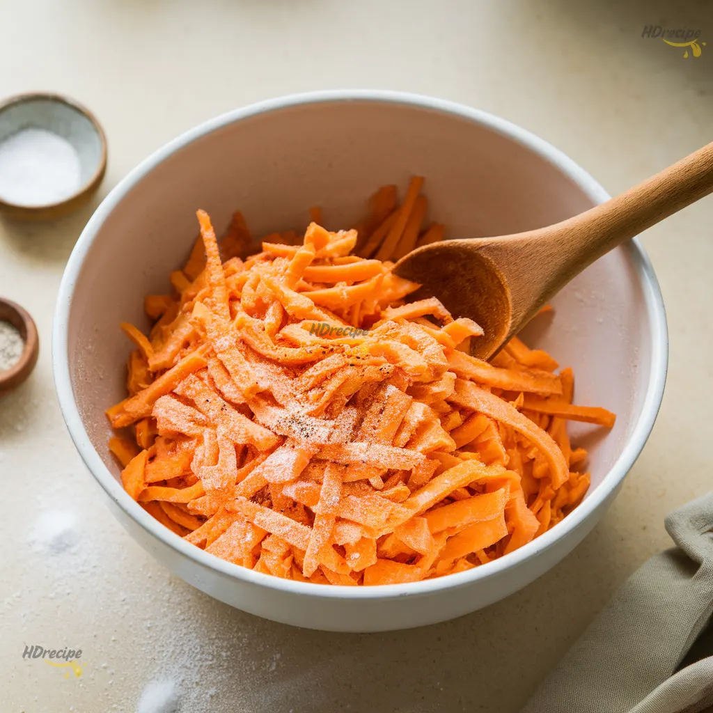 mixing-sweet-potato-hash-brown-mixture Mixing grated sweet potatoes with cornstarch, salt, and pepper in white bowl.