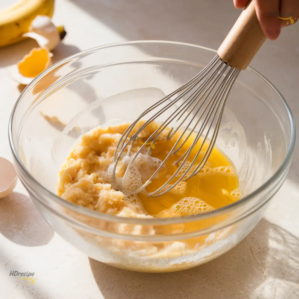 mixing-wet-ingredients-chocolate-donuts Butter, eggs, sugar, and vanilla being whisked together in a bowl on a beige countertop.