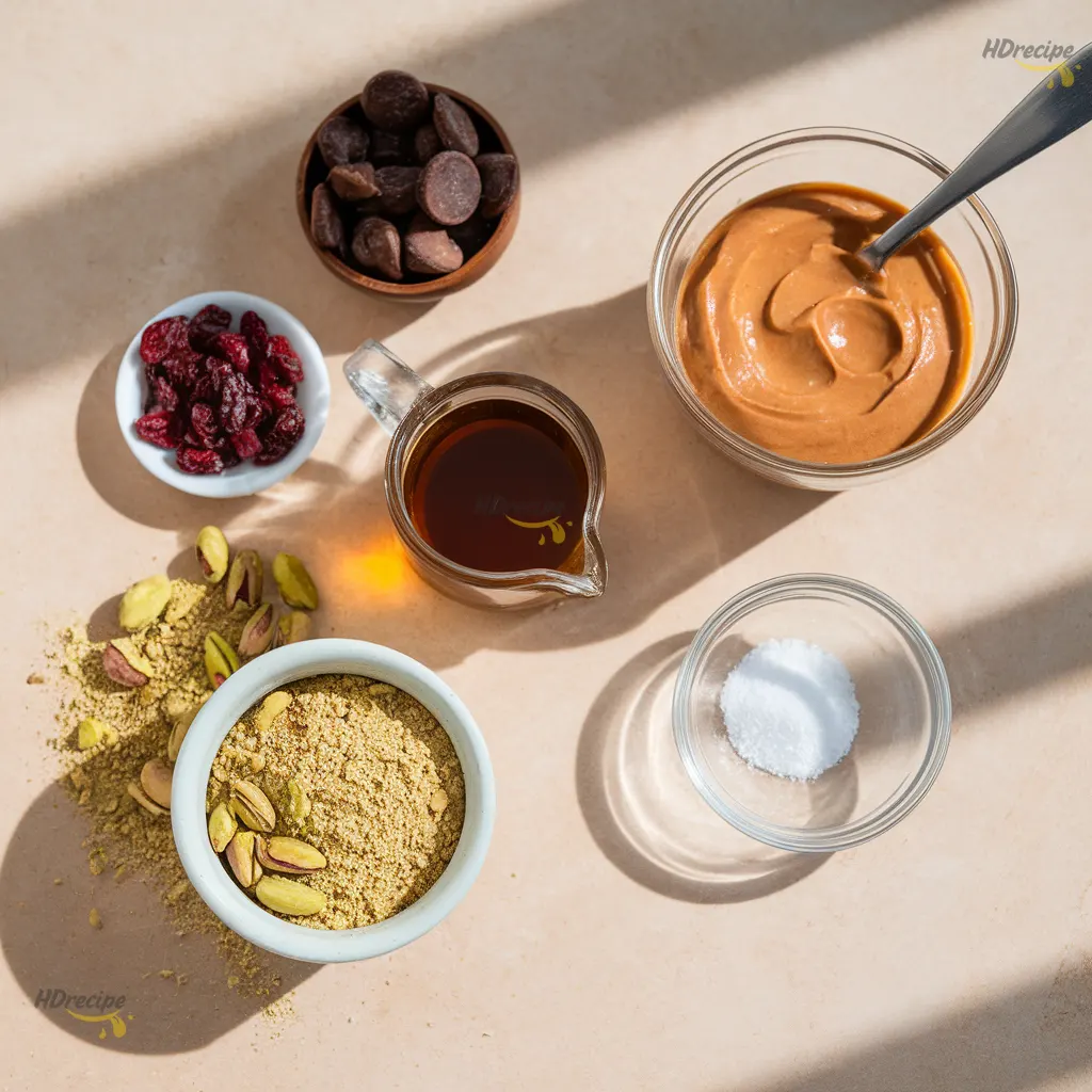 pistachio-cookie-ingredients-topdown op-down view of Gluten Free Vegan Pistachio Cookies ingredients on a light beige counter with bowls of pistachios, almond butter, maple syrup, vanilla, and sea salt.
