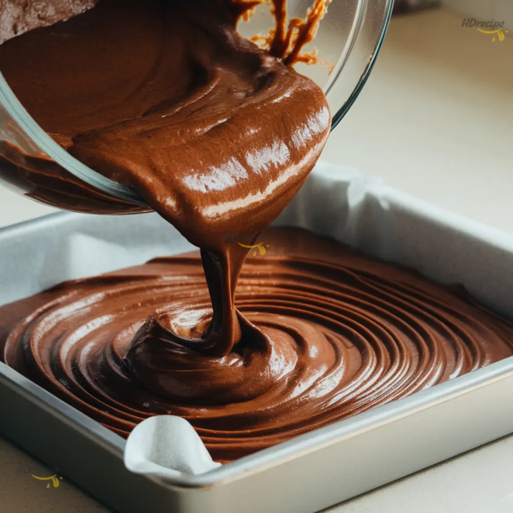 pouring-brownie-batter-into-pan rich chocolate brownie batter poured into parchment pan