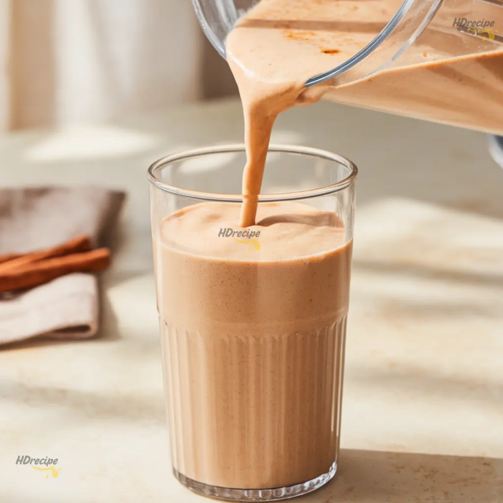 pouring-gingerbread-smoothie Thick gingerbread smoothie poured from blender into glass
