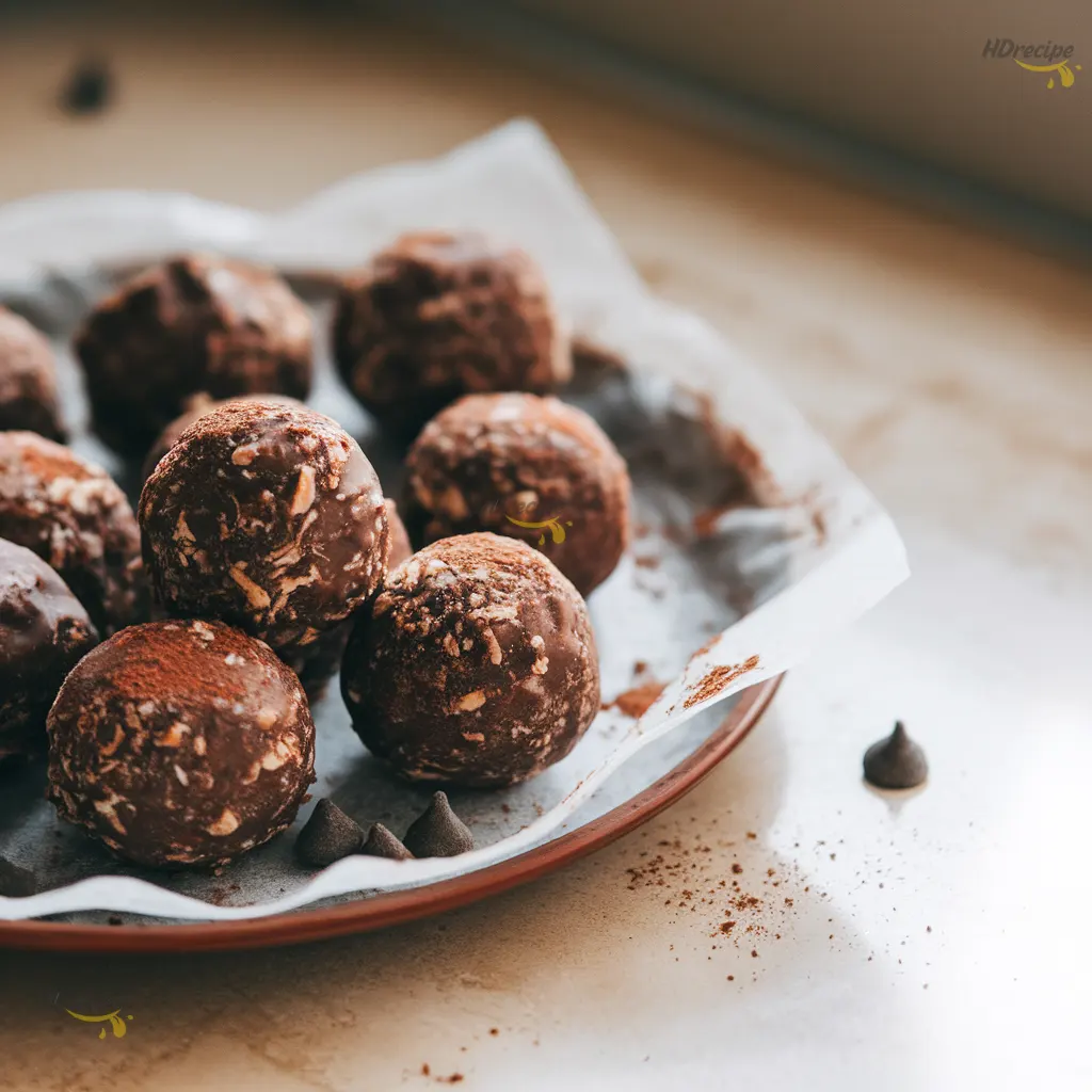 rolled-brownie-protein-bites-on-plate Rolled gluten-free brownie protein bites on parchment-lined plate.