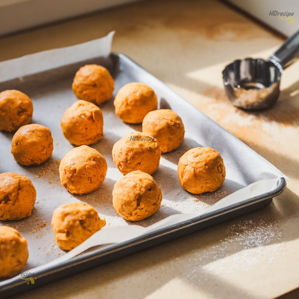 rolling-pumpkin-cheesecake-balls Rolling cheesecake mixture into balls on parchment tray