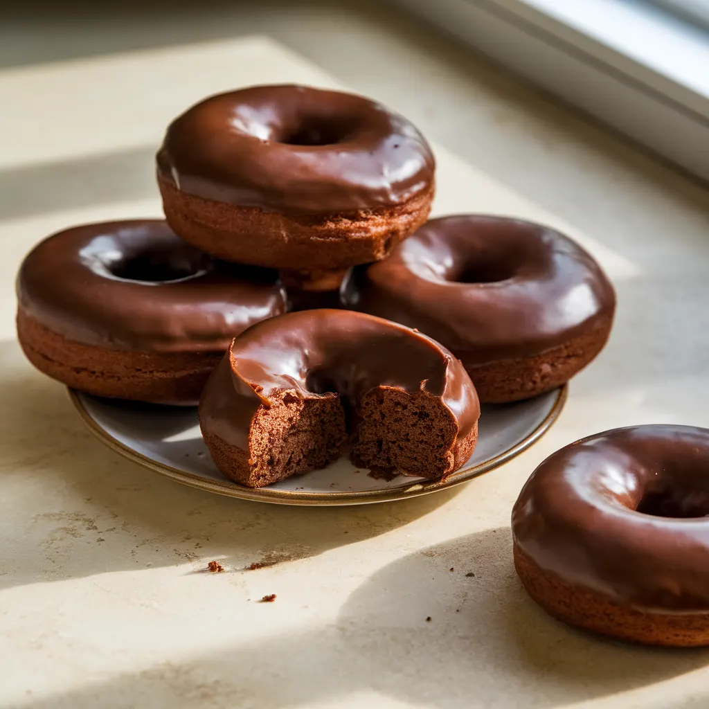 serving-chocolate-donuts-glossy-platter Glazed chocolate donuts arranged on a plate with a shiny, rich cocoa finish.