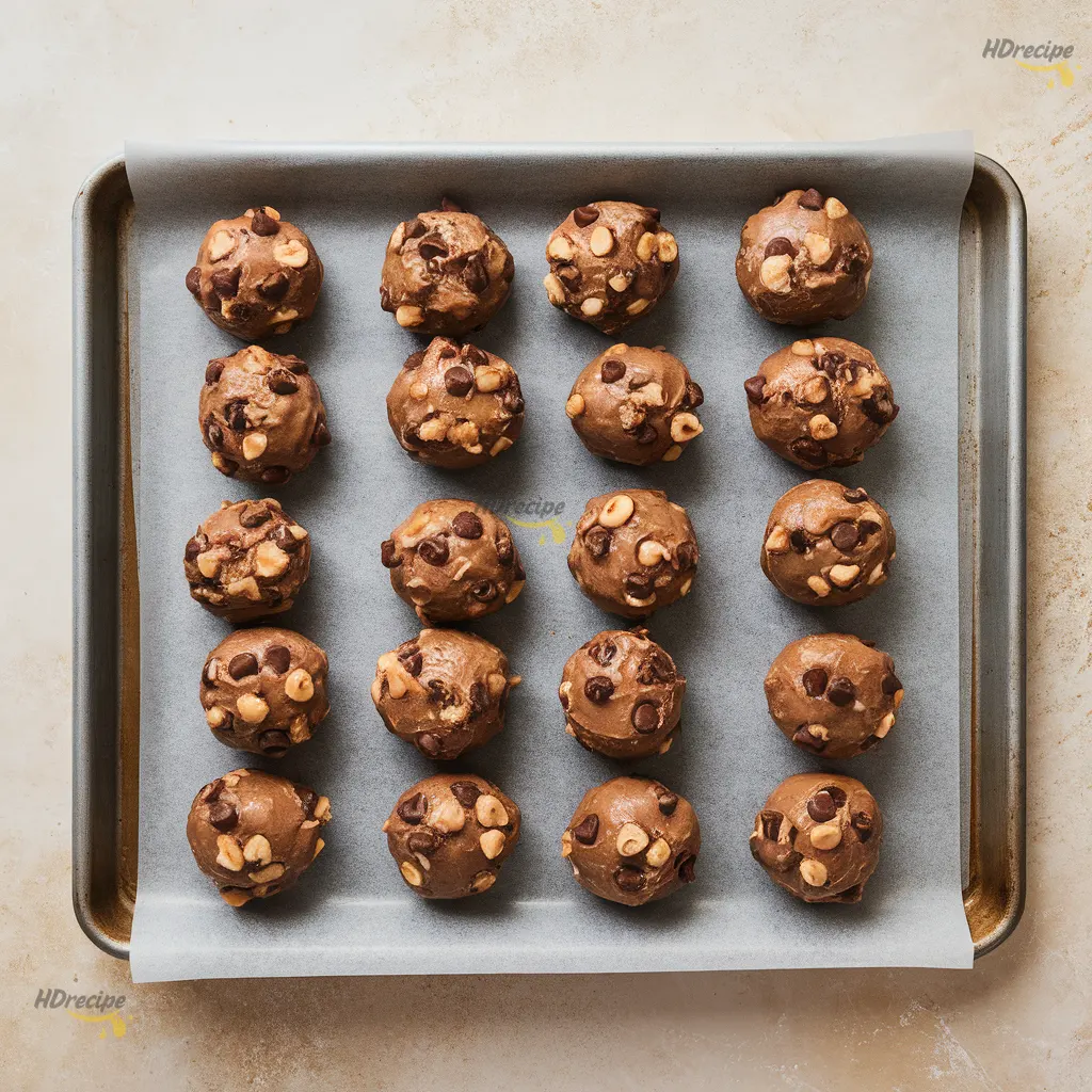 Close-up of chocolate hazelnut cookie dough balls arranged on a baking sheet