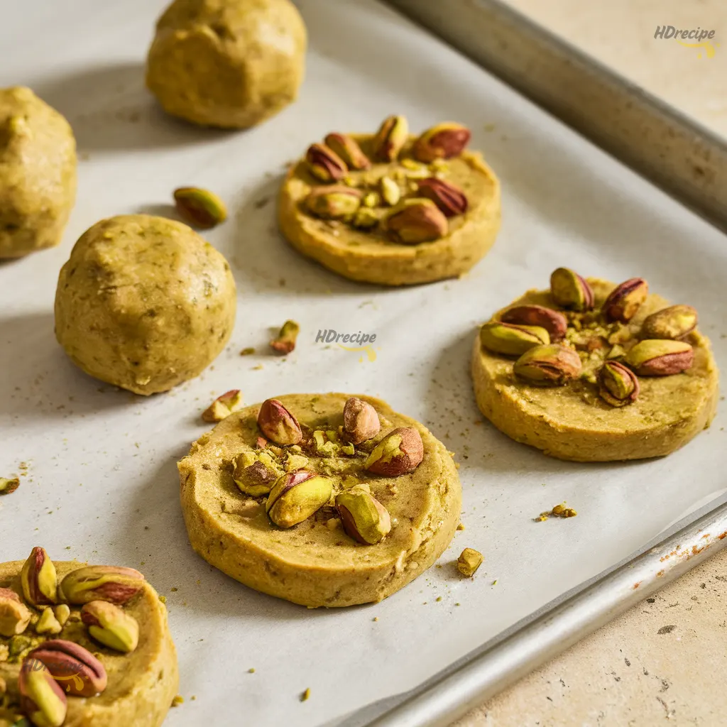 shaping-pistachio-cookies Rustic pistachio cookie dough balls being hand-pressed with chopped pistachios on top, on parchment paper