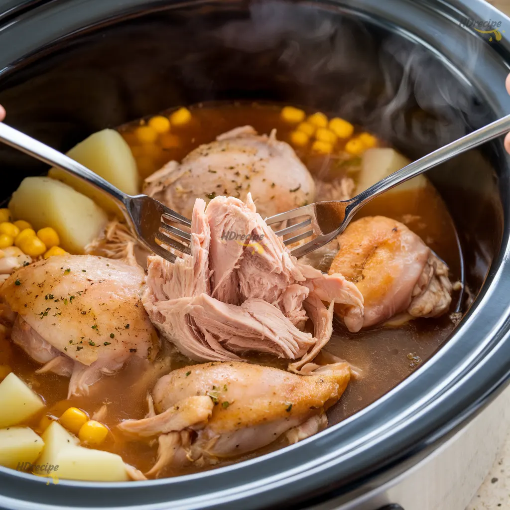 Shredded chicken being added back into creamy slow cooker corn chowder.
