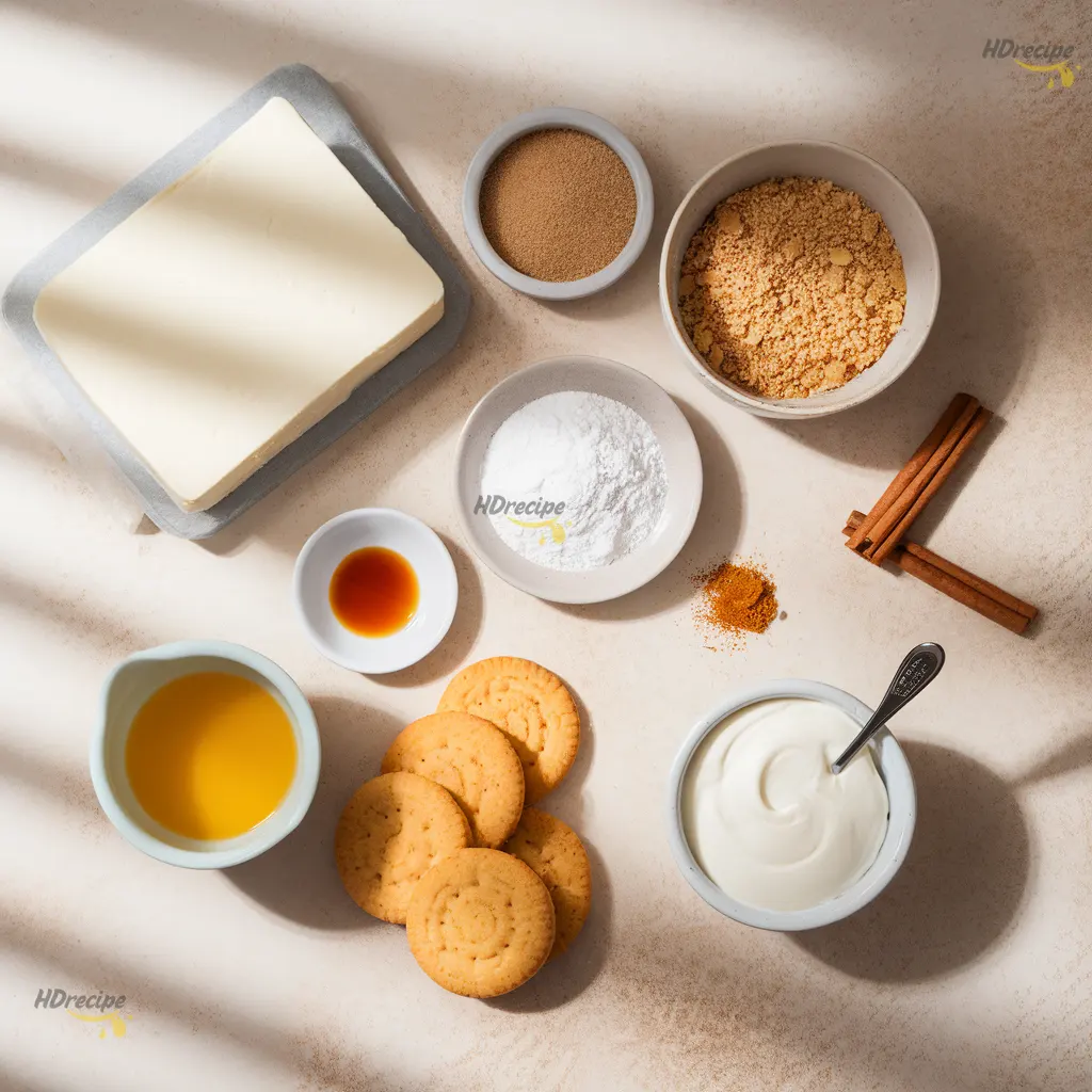 snickerdoodle-cheesecake-ingredients flat lay of cheesecake ingredients on beige counter