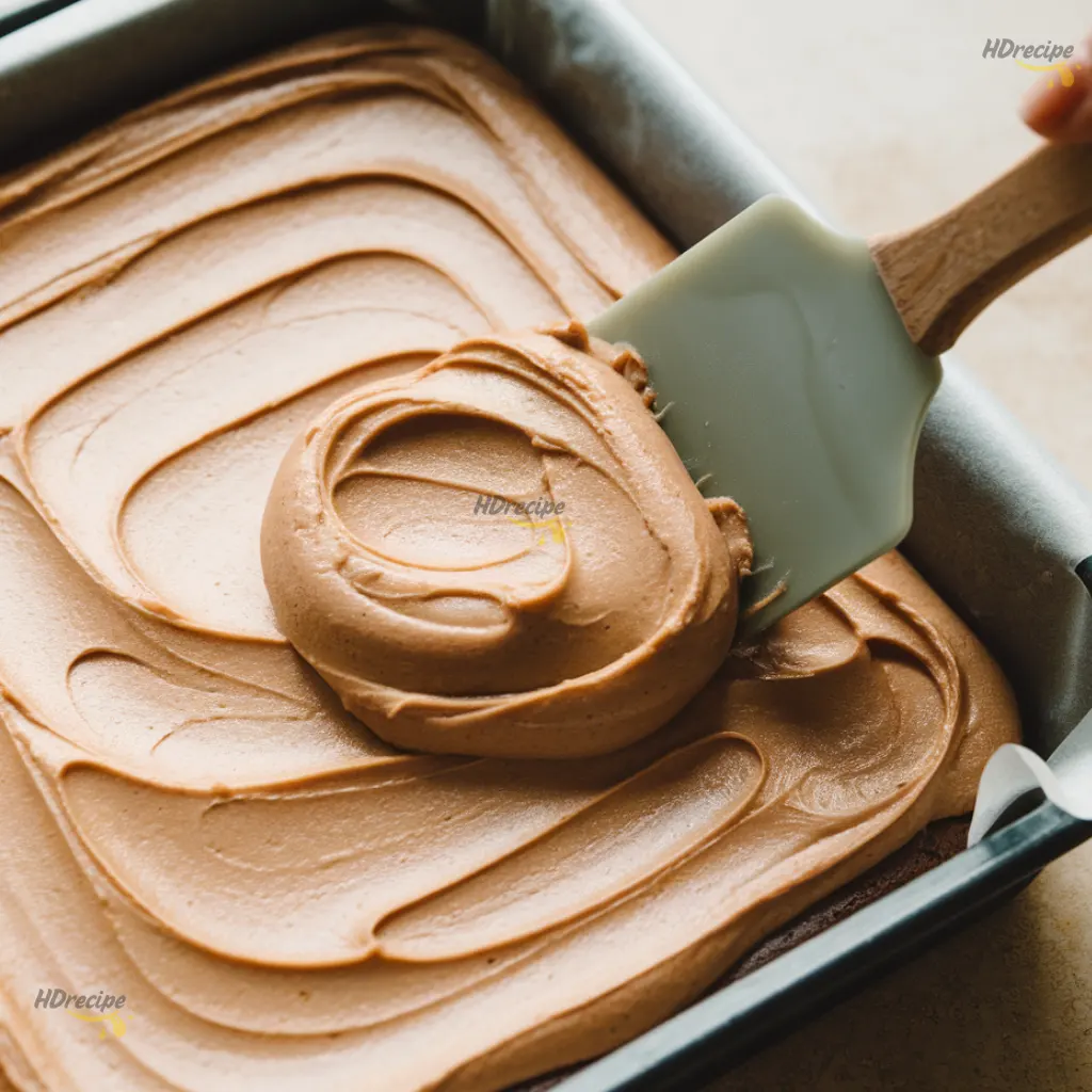 spreading-coffee-frosting-on-brownies spreading creamy coffee buttercream over brownies in pan
