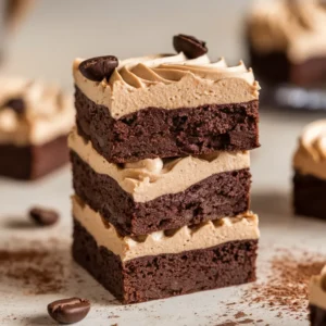 fudgy frosted coffee brownies stack with creamy coffee buttercream