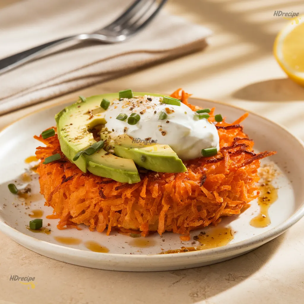 sweet-potato-hash-browns-breakfast-plate Crispy sweet potato hash browns served with fried eggs and sour cream.