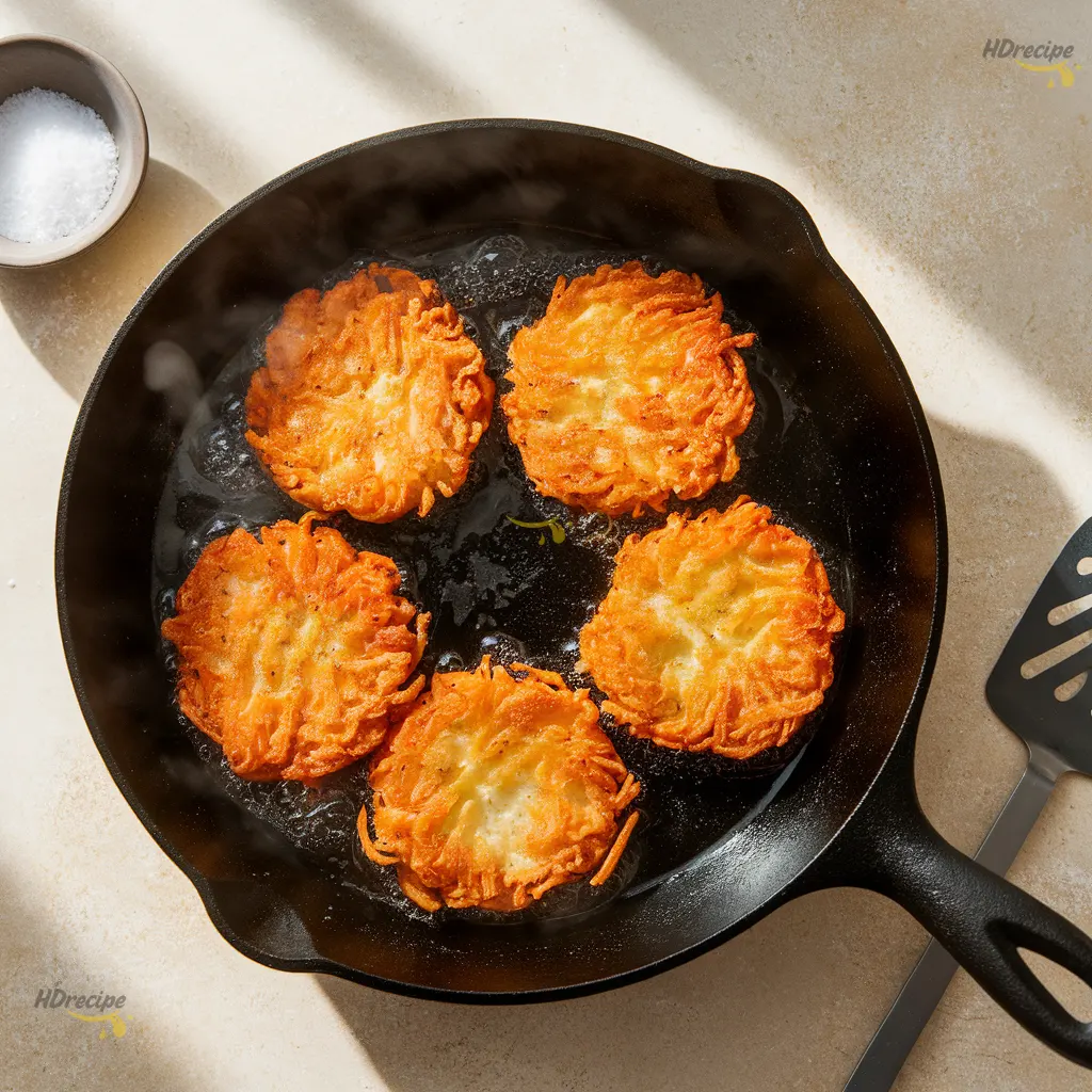 sweet-potato-hash-browns-cooking-in-skillet Sweet potato hash browns frying in skillet until golden and crisp.