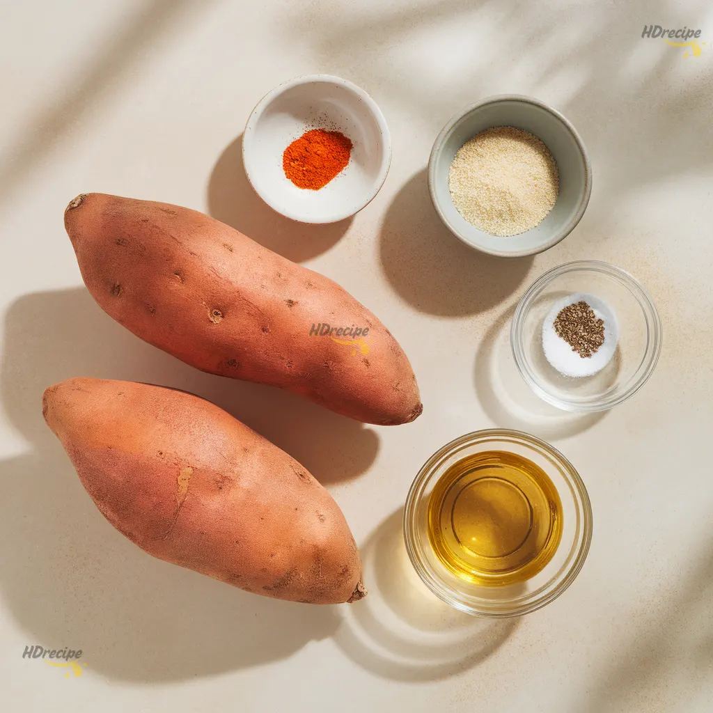 sweet-potato-hash-browns-ingredients-flat-lay Sweet potato hash brown ingredients on a beige counter with spices and oil.