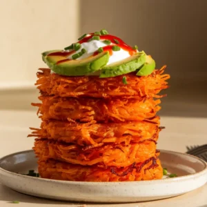 Stack of golden sweet potato hash browns topped with sour cream, avocado, and chives.