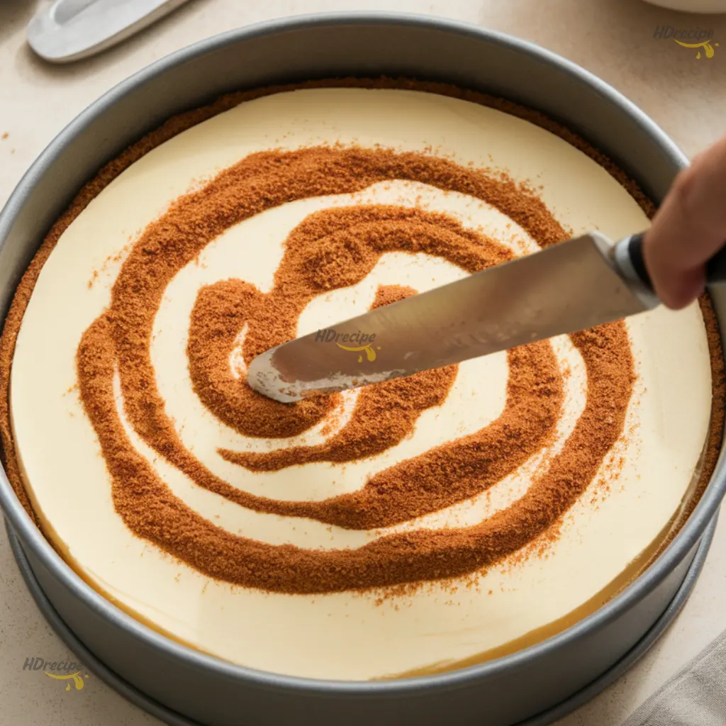 swirling-snickerdoodle-cheesecake swirling cinnamon-sugar through cheesecake filling in pan