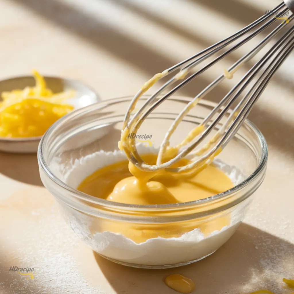 whisking-lemon-glaze-in-glass-bowl Whisking powdered sugar and lemon juice to make glaze for bars.