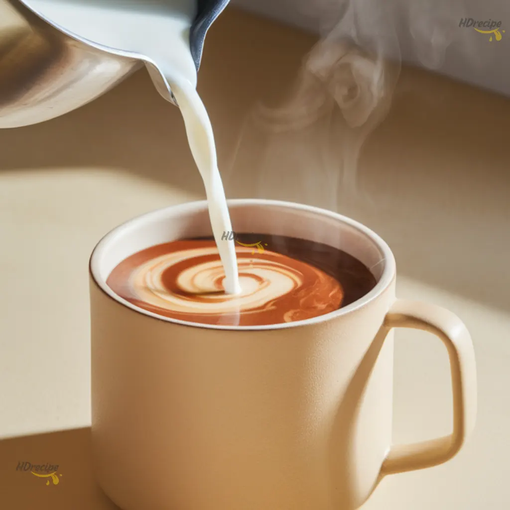 Combining Paste and Hot Milk Hot milk being poured into a cream mug with chocolate-spice paste, creating a swirling blend.