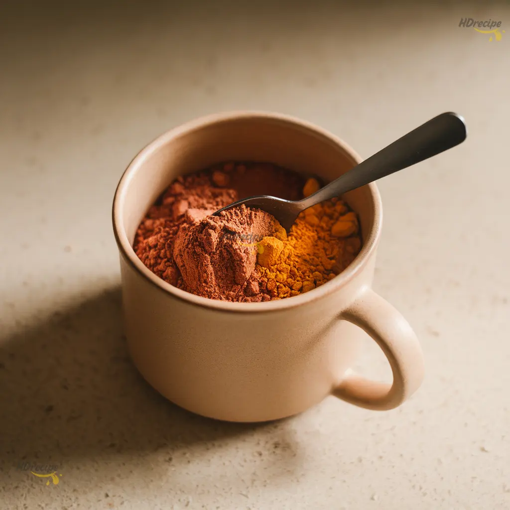 Mixing the Dry Spices in the Mug Dry cacao and spices being mixed inside a cream mug.