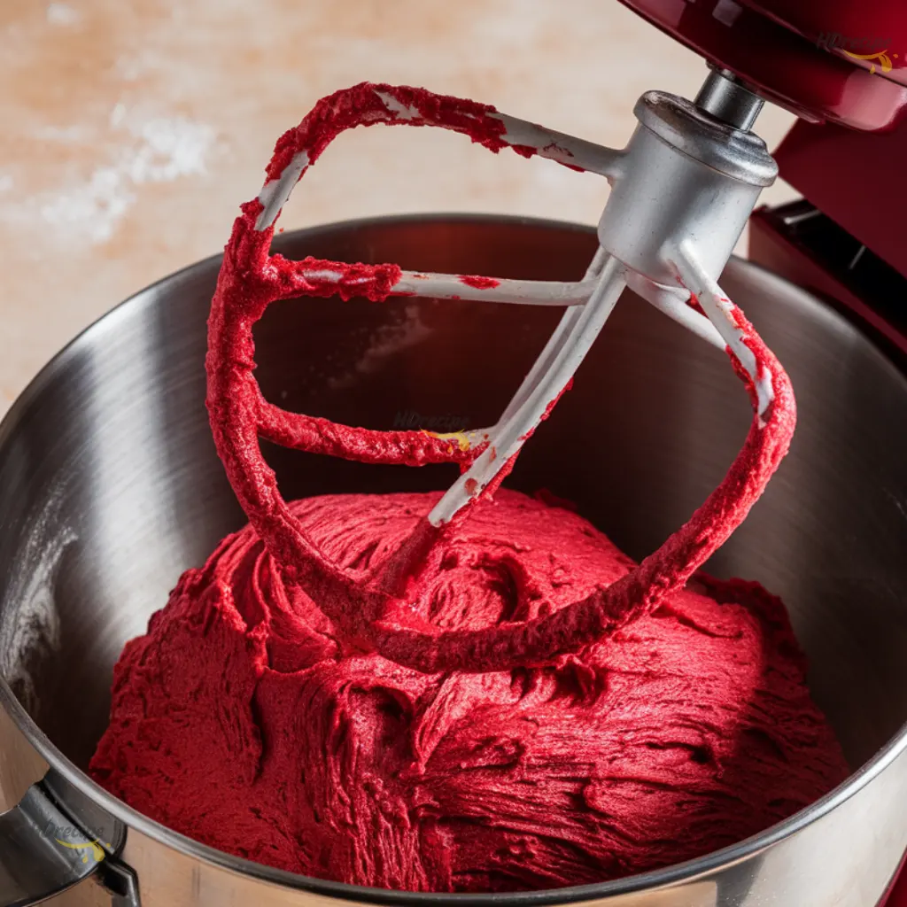 Red Velvet Cinnamon Roll Dough Close-up of red velvet cinnamon roll dough coming together in a mixer bowl