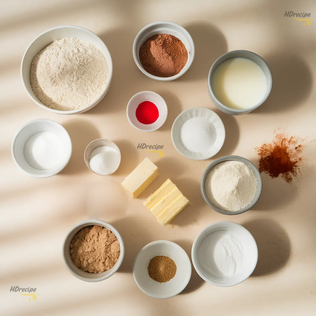 Red Velvet Cinnamon Roll Ingredients Top-down view of neatly arranged red velvet cinnamon roll ingredients