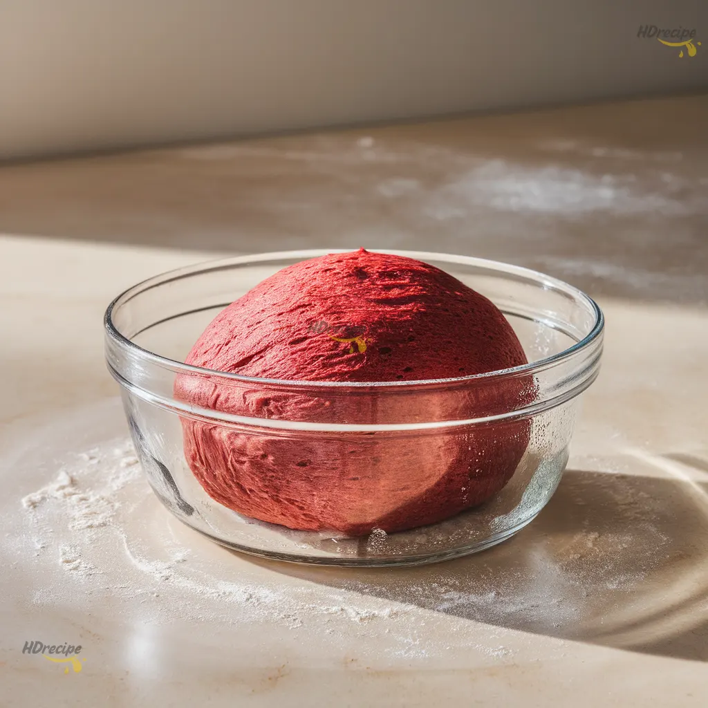 Red Velvet Dough After First Rise Red velvet dough after its first rise, domed and smooth.