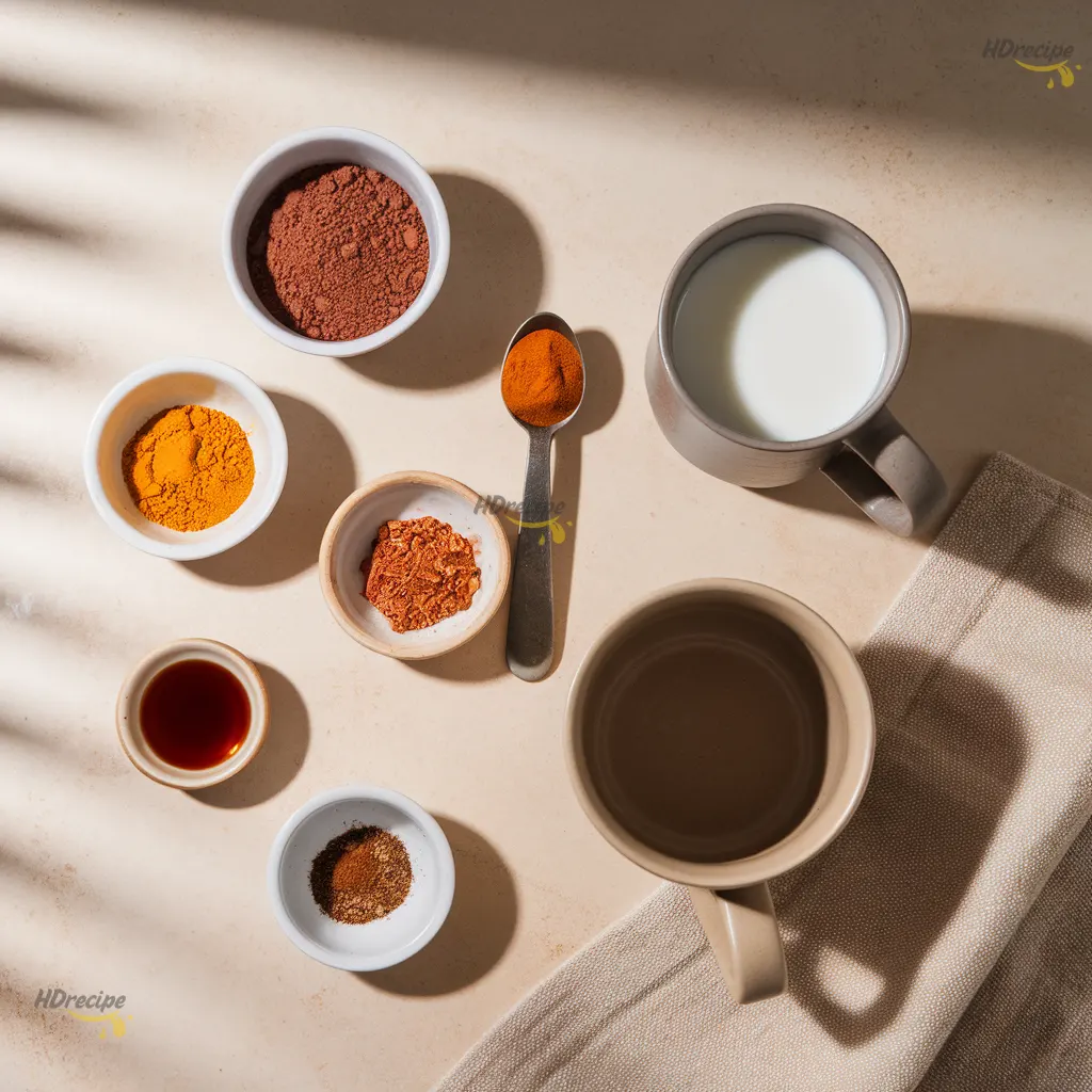 Spiced Hot Cocoa Anti-Inflammatory Drink-ingredients-overhead Flat-lay of cacao, turmeric, ginger, cinnamon, pepper, maple syrup, and milk arranged on a light beige counter with an empty cream mug.