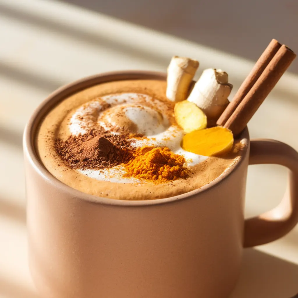 Rich golden spiced hot cocoa in a matte cream mug on a light beige counter with fresh turmeric, ginger, cacao, and cinnamon around it.