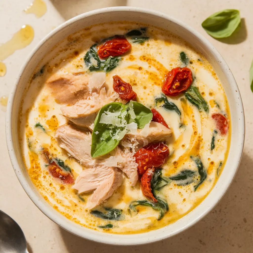 Creamy marry me chicken soup top-down bowl with basil.