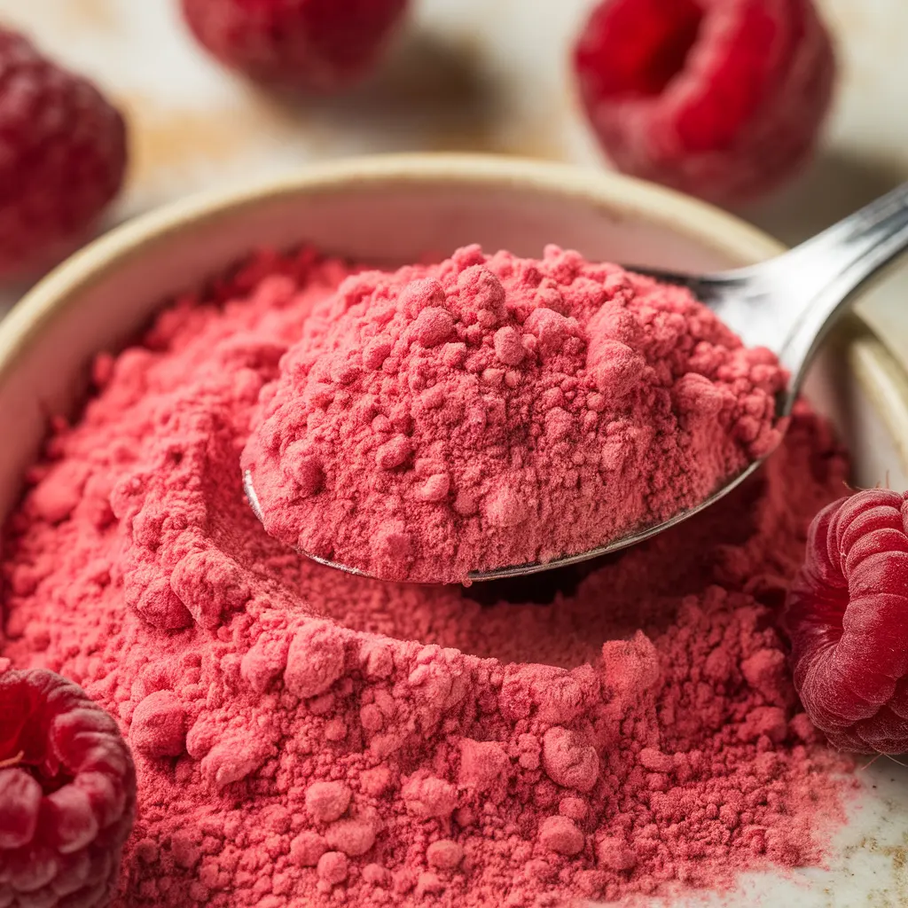 Freeze-dried raspberries crushed into bright pink powder for vegan fudge