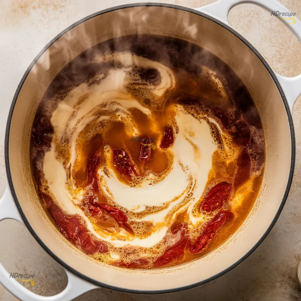 marry-me-chicken-soup-creamy-base Cream and Parmesan melting into chicken soup broth.