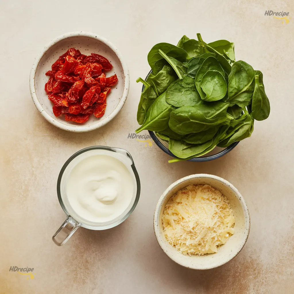 marry-me-chicken-soup-ingredients-flatlay Ingredients for creamy marry me chicken soup on beige counter.