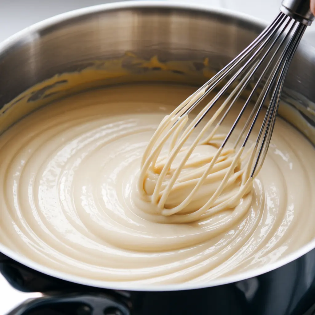 Creamy coconut fudge base being whisked for vegan raspberry coconut fudge