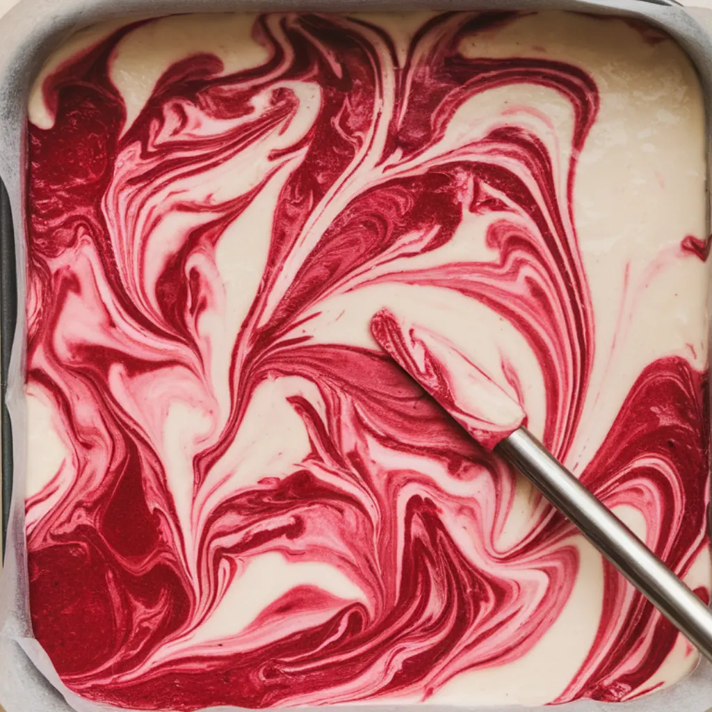 Raspberry swirl marbled through pale coconut fudge base