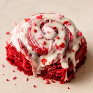 Homemade red velvet cinnamon rolls topped with creamy frosting, soft spiraled dough with cinnamon filling