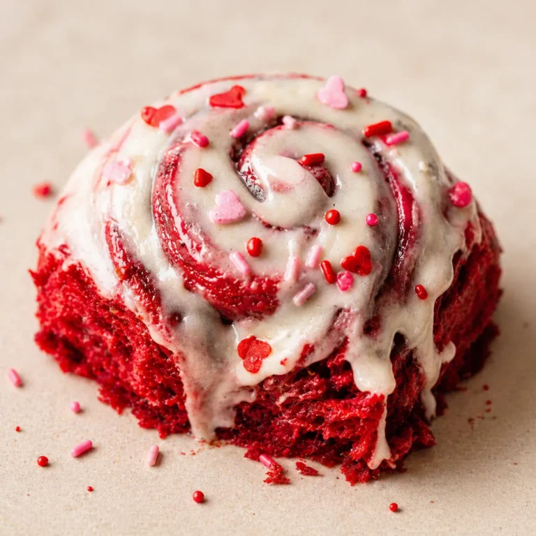 Homemade red velvet cinnamon rolls topped with creamy frosting, soft spiraled dough with cinnamon filling
