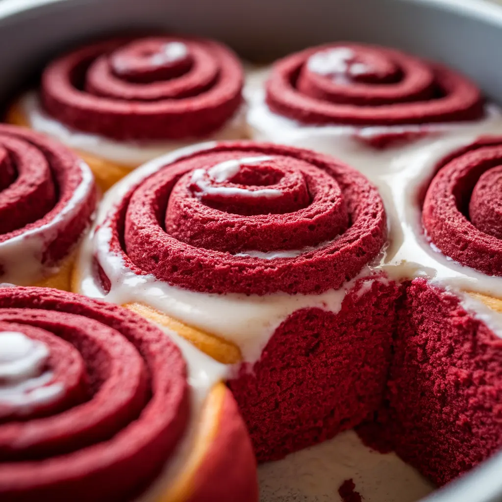 shot of a full pan of freshly baked red velvet cinnamon rolls
