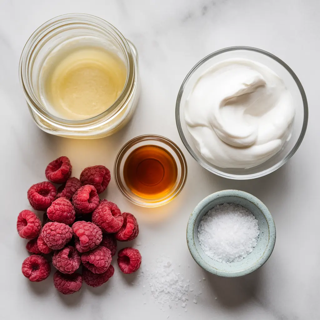 Ingredients for vegan raspberry coconut fudge laid out on a marble surface