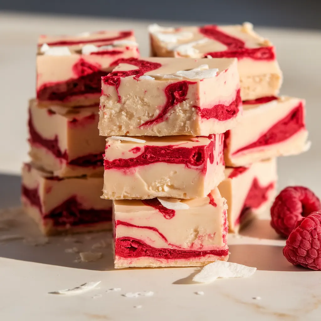Cut vegan raspberry coconut fudge squares with clean edges and creamy texture