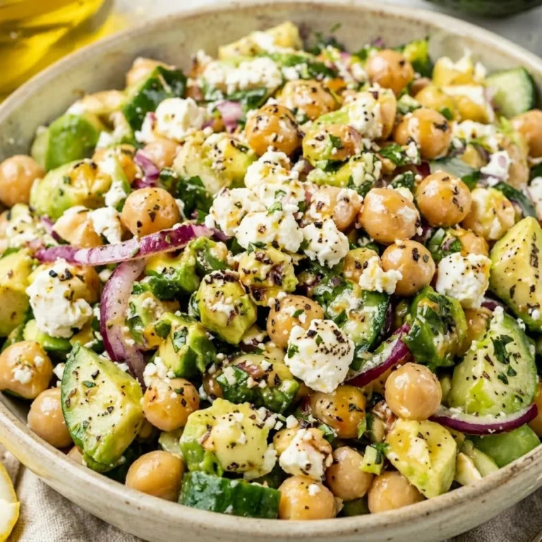 chickpea feta avocado salad with fresh herbs and creamy texture, healthy high protein salad for lunch