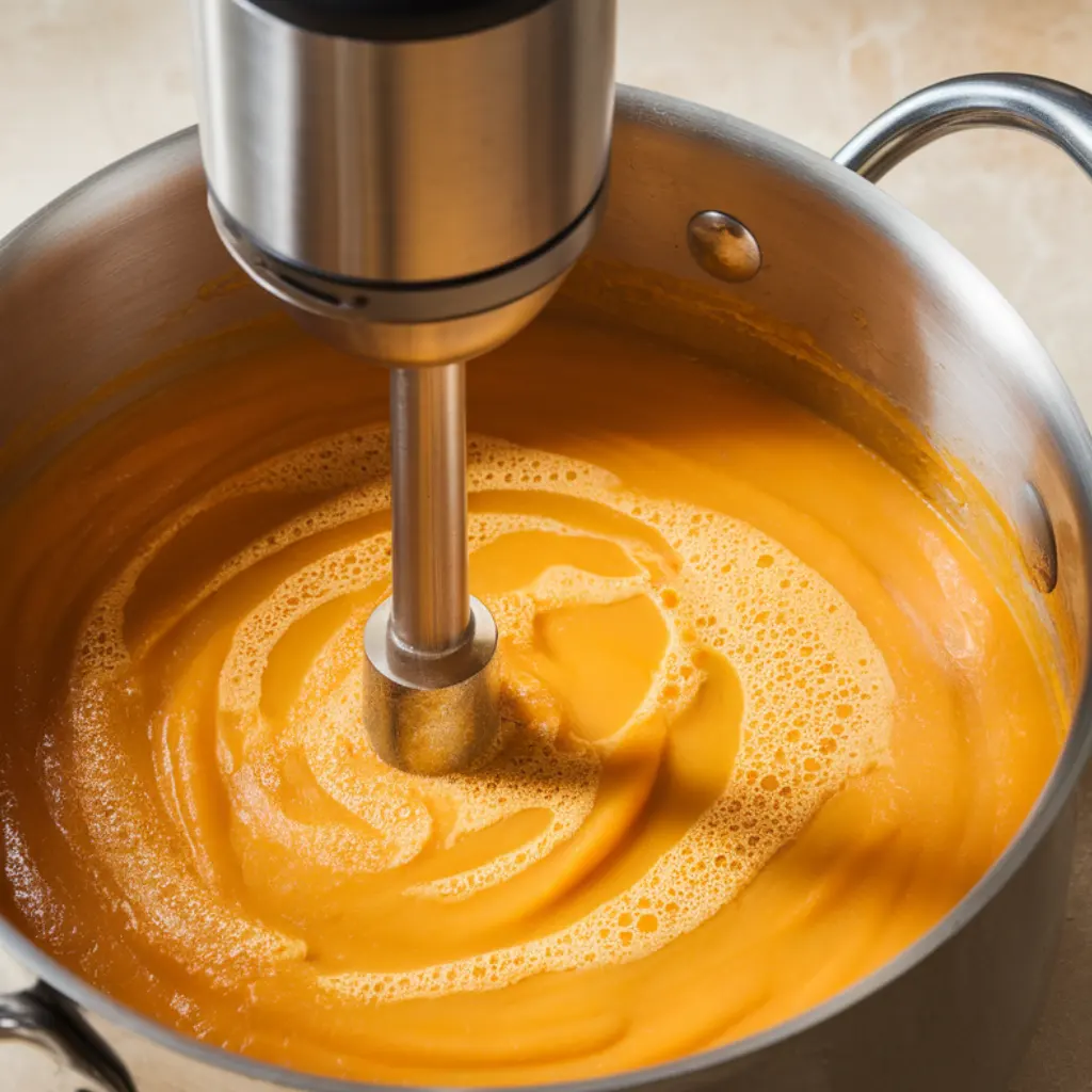 blending-butternut-squash-sweet-potato-soup Blending creamy butternut squash sweet potato soup until smooth and velvety