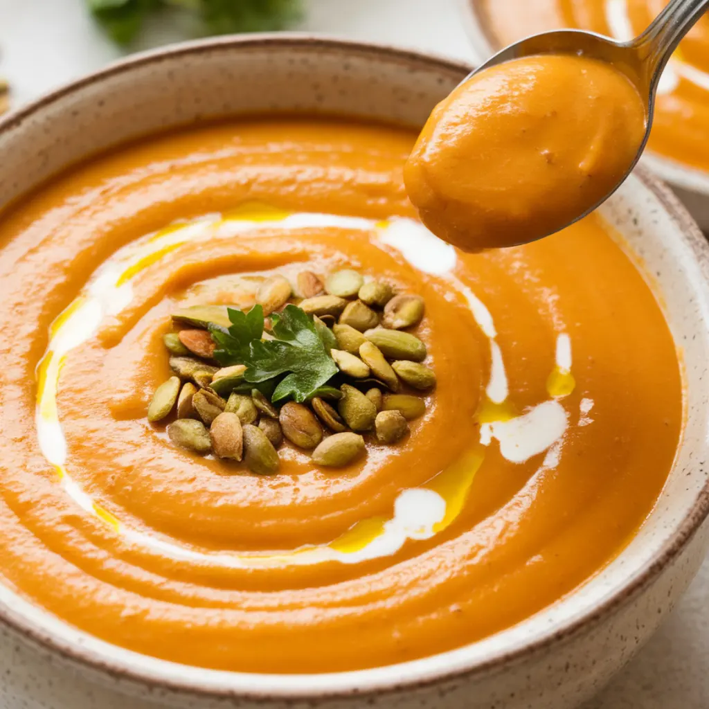 Creamy butternut squash sweet potato soup topped with pepitas and olive oil on a light beige kitchen counter