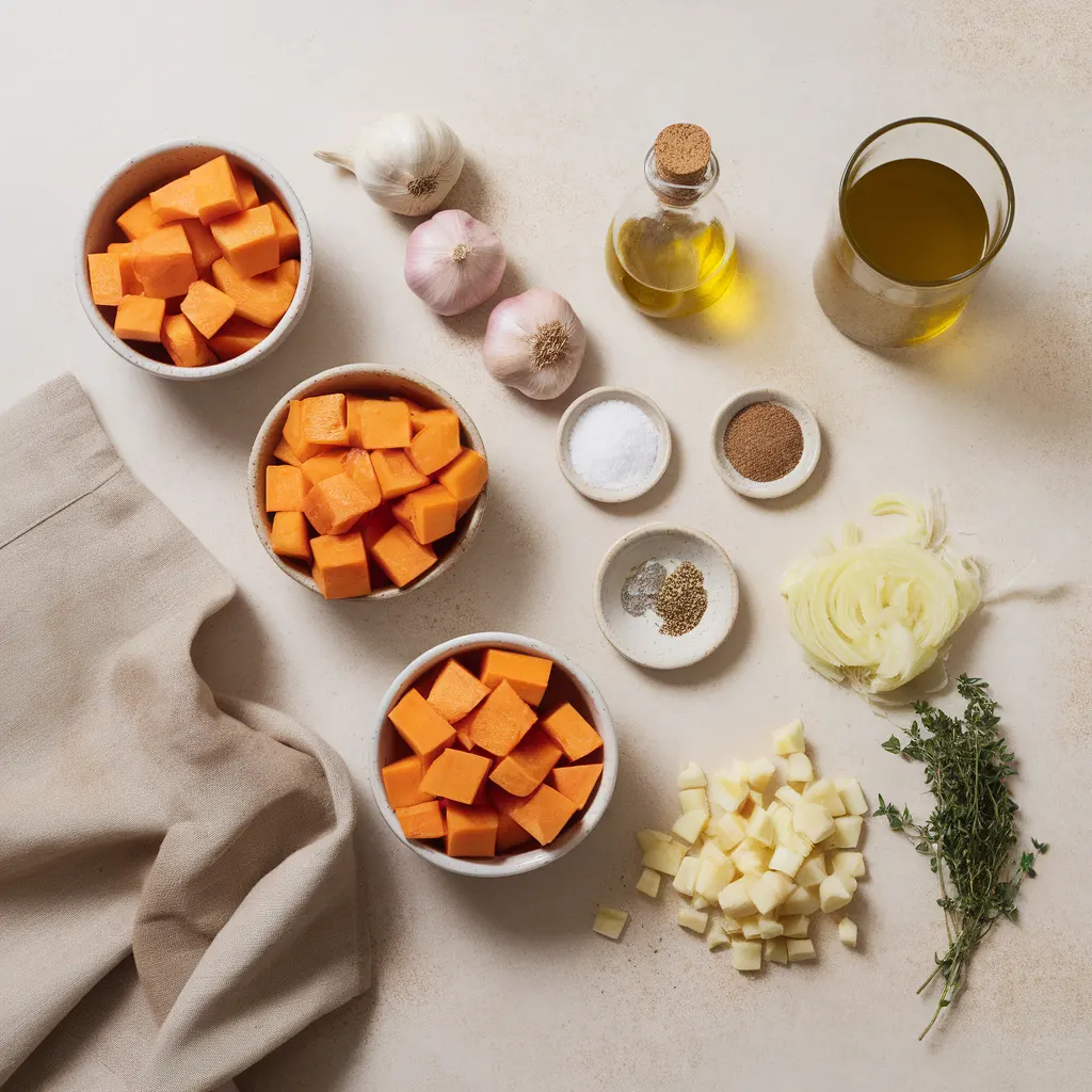 butternut-squash-sweet-potato-soup-ingredients Ingredients for homemade butternut squash sweet potato soup arranged on a light beige counter