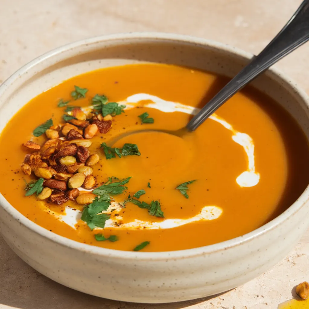butternut-squash-sweet-potato-soup-served Served bowl of butternut squash sweet potato soup with pepitas and crusty bread
