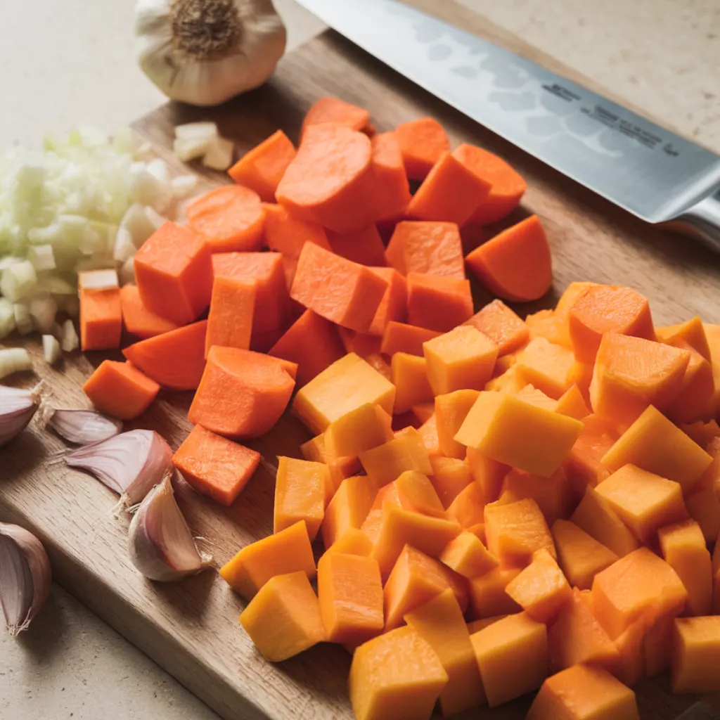 chopped-butternut-squash-sweet-potatoes-prep Chopped butternut squash, sweet potatoes, onion, and garlic prepared for soup