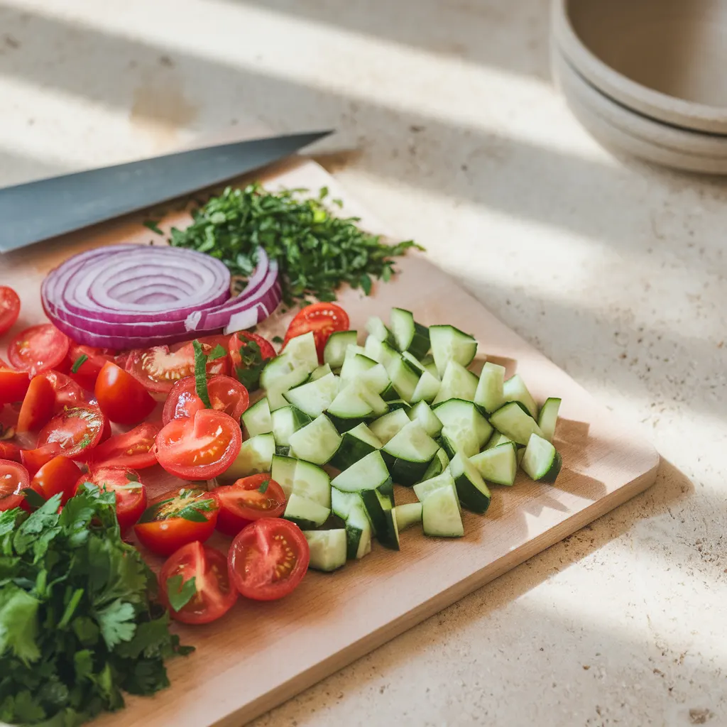 Chopping vegetables for chickpea avocado salad