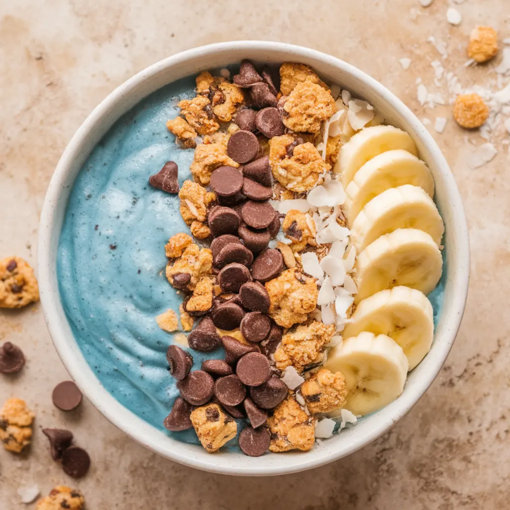 Cookie Monster smoothie bowl with blue base and cookie toppings