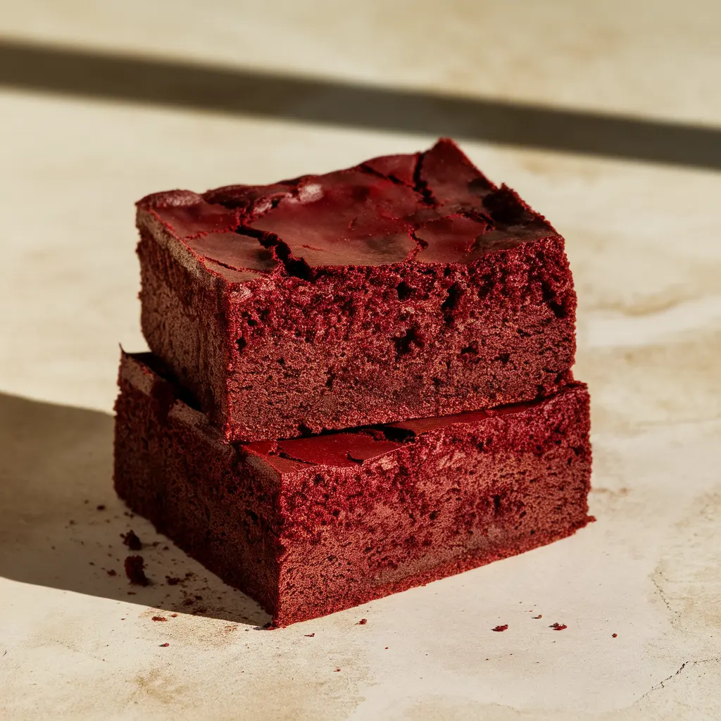 Fudgy red velvet brownies close up