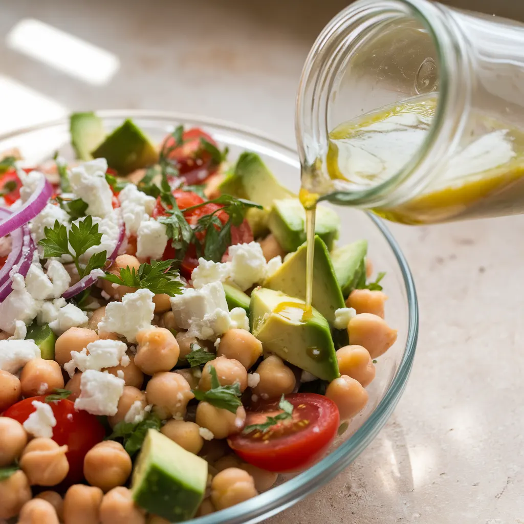 Lemon dressing poured over chickpea avocado salad