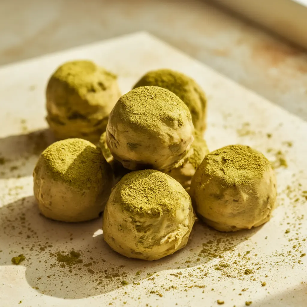 Matcha cookie protein bites close up with chewy oat texture