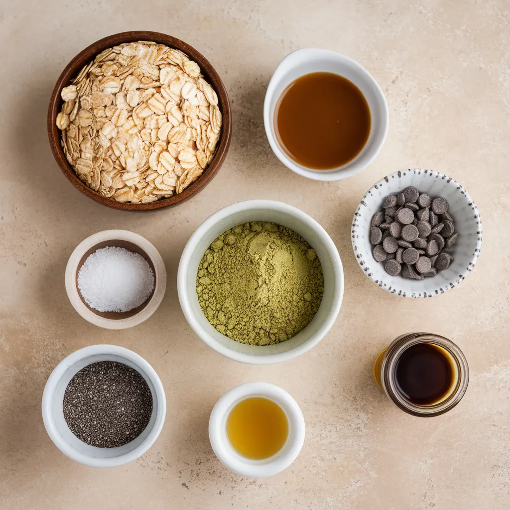 Matcha protein bite ingredients on a beige counter